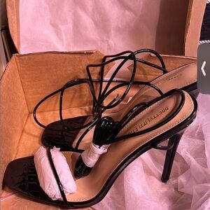 PrettyLittleThing Glossy Black Strappy Heels, New Excellent, straps up the leg